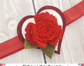 Valentine Red/Burgandy/White Felt Heart and Flower Hair Clip/Barrette/Headband, Felt Hair Accessory for baby, toddler, child, teen, or adult