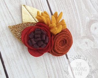 Fall Red, Rust, Orange Felt Flowers with Gold Leaves Headband or Clip for Baby, Child, Teen, or Adult