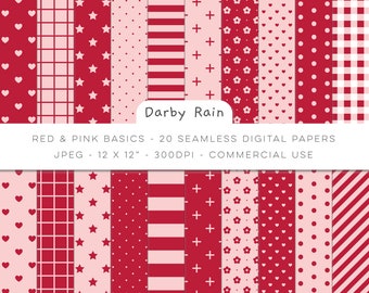 Red and pink basics digital paper pack. Seamless 12" patterns for scrapbooking pages. Bundle of 20 printable scrapbook sheets. Commercial.