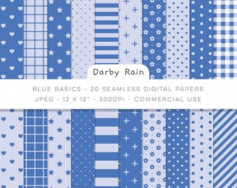 Blue basics digital paper pattern pack. Seamless 12" patterns for scrapbooking pages. Bundle of 20 printable scrapbook sheets. Commercial.