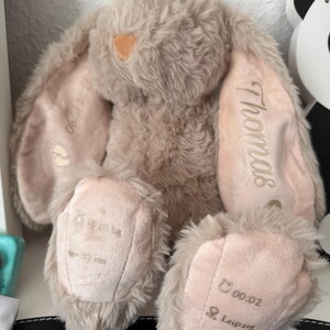 May include: A beige plush rabbit toy with long ears and soft fur. The inner ears and feet are lined with light pink fabric. The right ear features the name Thomas, while the feet display birth details including 3.398 kg, 52 cm, 00:02, and Leipzig, DE.