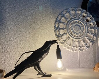 Unique Table Lamp - Unique Raven-Shaped Resin Lamp, Handcrafted Artistic Table Light with Vintage Edison Bulb