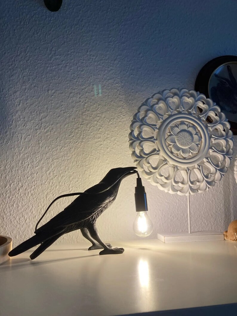 Unique Table Lamp Unique Raven-Shaped Resin Lamp, Handcrafted Artistic Table Light with Vintage Edison Bulb image 1