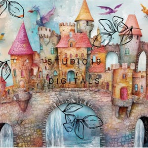 May include: A whimsical watercolor painting of a colorful castle with a bridge and a waterfall. The castle has multiple towers and is decorated with flowers and vines. The text "Studio 19 Digitals" is visible on the bridge.