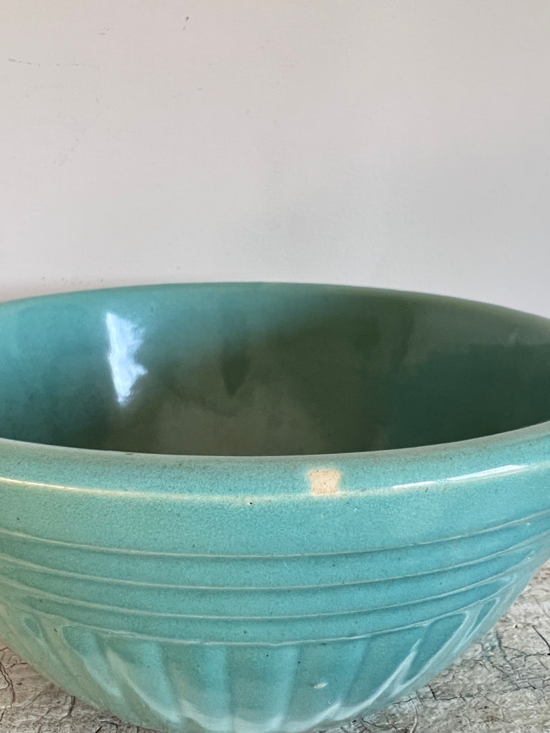 Vintage Teal Mixing Bowl Yellow Ware image 2