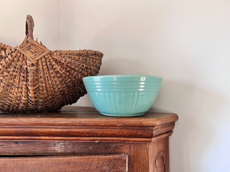 Vintage Teal Mixing Bowl Yellow Ware image 1