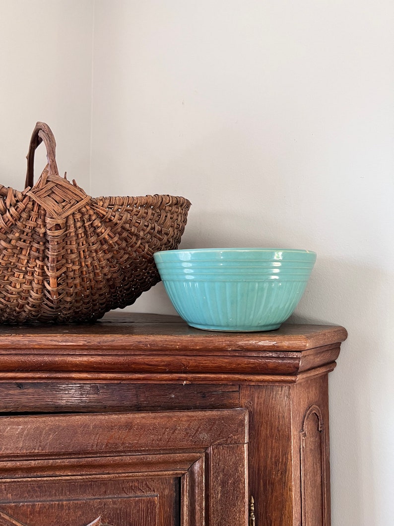 Vintage Teal Mixing Bowl Yellow Ware image 7