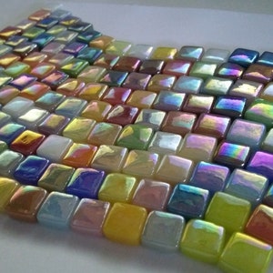 8 mm Iridescent Recycled Glass Square Mosaic Tile Pieces - 100 tiles - Mixed Colors - 4 mm thick -  Mosaic Supplies - Mixed Media Art