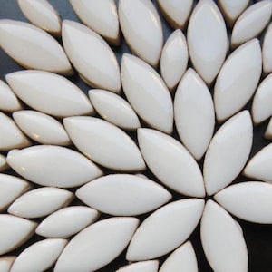 May include: A close-up of a decorative arrangement of white, oval-shaped tiles, resembling a flower or starburst pattern. The tiles are arranged on a dark surface, creating a striking contrast. The glossy tiles reflect light, enhancing the visual appeal.