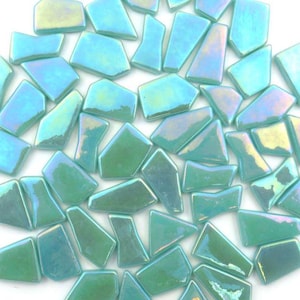 Iridescent Light Teal Odd Cut Shaped Glass Mosaic Tile Pieces - 25 Tiles - Mixed Sizes 3/8 to 1 inch