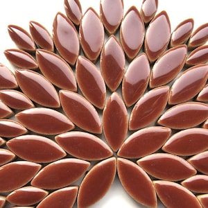 May include: A close-up of a decorative mosaic tile design. The tiles are a glossy, dark reddish-brown color and are arranged in a fan-like pattern. The individual tiles are elongated, oval shapes.