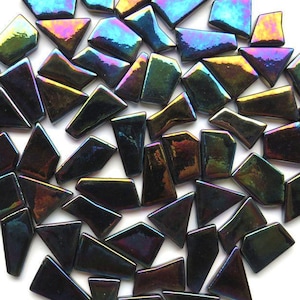 Iridescent Black Glass Jigsaw Odd Cut Shaped Mosaic Tile Pieces - 25 Tiles - Mixed Sizes 3/8 to 1 inch - Mixed Media Art Craft Supplies