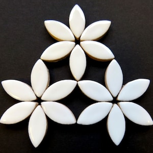 White Ceramic Petals Ellipse Mosaic Tile Pieces - 25 Tiles - 25 mm x 11 mm - Mosaic Supplies -  Mixed Media Art