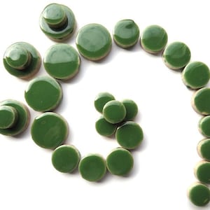 25 Tiles - Medium Green Round Ceramic Mosaic Tile Pieces - Mixed Sizes -  Mosaic Supplies -  Mixed Media Art