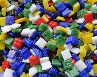 Vitreous Tesserae Glass Mosaic Tile Pieces - 100 Tiles - 3/8 inch -  Primary Mixed Colors - Mosaic Supplies - Mixed Media Art
