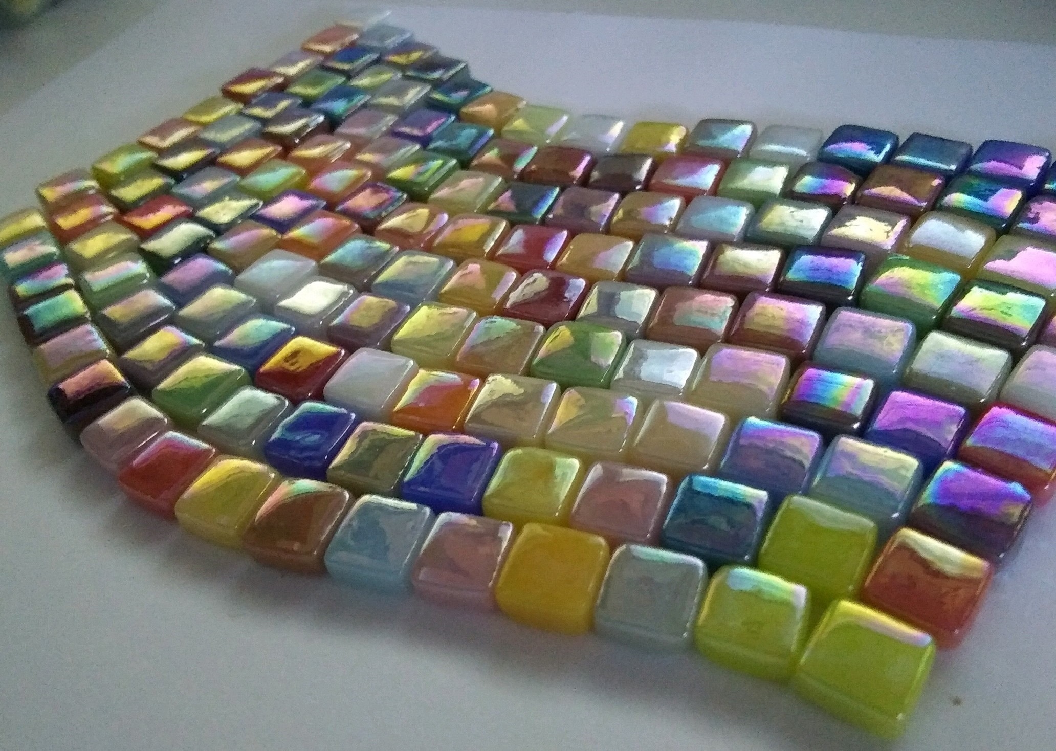 8 mm Iridescent Recycled Glass Square Mosaic Tile Pieces - 100 tiles - Mixed Colors - 4 mm thick -  Mosaic Supplies - Mixed Media Art