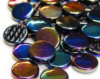 Pearlized Black 18 mm Recycled Round Glass Mosaic Tile Pieces - 25 tiles - 4 mm thick - Mosaic Supplies - Mixed Media