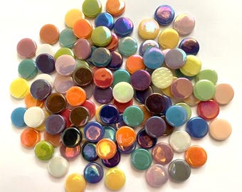 18 mm Pearlized Round Recycled Glass Mosaic Tile Pieces - 50 tiles - Iridescent Finish Mixed Colors - 4 mm thick - Mosaic Supplies