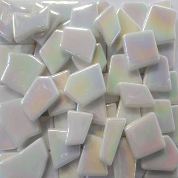 25 Tiles Iridescent White Jigsaw Odd Cut Shaped Glass Mosaic Tile Pieces -Mixed Sizes 3/8 to 1 inch - Mixed Media Art Craft Supplies