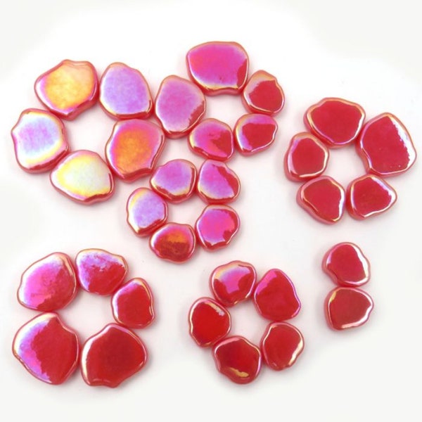 25 Tiles Iridescent Watermelon Red Sakura Petal Flower Shapes Glass Mosaic Tile Pieces - 11mm-20mm/4 mm thick. 9 shapes/sizes - Art Crafting