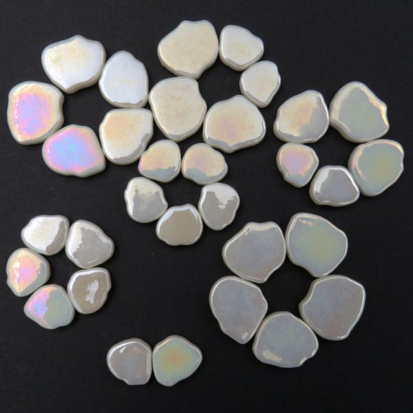 25 Tiles Iridescent Ivory Creme Sakura Petal Flower Shapes Glass Mosaic Tile Pieces - 11mm-20mm/4 mm thick. 9 shapes/sizes - Art Craft Tiles