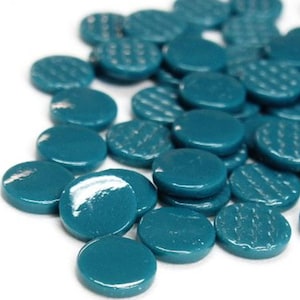 Dark Teal Blue Green 25 tiles 18 mm Recycled Glossy Round Glass Mosaic Tile Pieces - 4 mm thick - Mosaic Supplies - Mixed Media Art