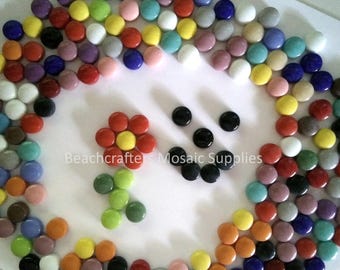 Glass Mosaic Tile Pieces - 50 Round Glass Dots - Mixed Assorted Colors - 12 MM X 6 MM - Flat Bottom with Domed Top - Craft Supplies