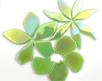 Iridescent Mint Green Petal Flower Shapes Glass Mosaic Tile Pieces - 20 tiles -  25 mm -30 mm /4 mm thick. 7 shapes/sizes. Mixed Media Art