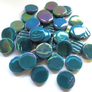 Pearlized Dark Teal Blue Green 25 tiles 18 mm Recycled Glossy Round Glass Mosaic Tile Pieces -4 mm thick - Mosaic Supplies - Mixed Media Art