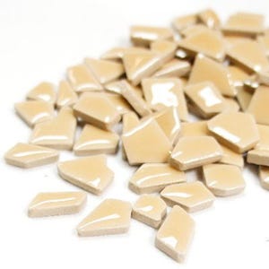 May include: A pile of small, irregularly shaped, beige ceramic tiles with a glossy finish. The tiles vary in size and shape, with some appearing to be broken pieces. Ideal for mosaic art or craft projects.