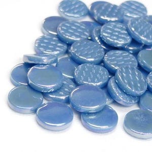 Pearlized Lake Blue 18 mm Recycled Glossy Round Glass Mosaic Tile Pieces - 25 tiles - 4 mm thick - Mosaic Supplies - Mixed Media Art