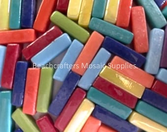 Glass Rectangles Mosaic Tile Pieces - 20 mm x 6 mm - 50 Tiles - Mixed Colors - Mosaic Supplies - Mixed Media Art