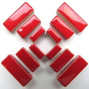 Poppy Red Ceramic Rectangle Mosaic Tile Pieces - 50 Tiles - Mixed Sizes - Mosaic Supplies -  Mixed Media Art