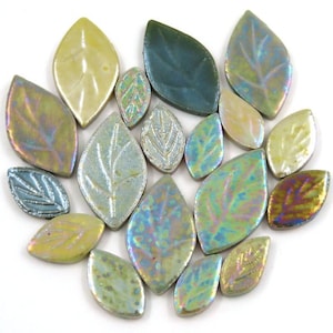 Iridescent Ceramic Leaves - Ficus- Mixed Sizes Ceramic Mosaic Tile Pieces - 25 tiles - Mosaic Supplies -  Mixed Media Art
