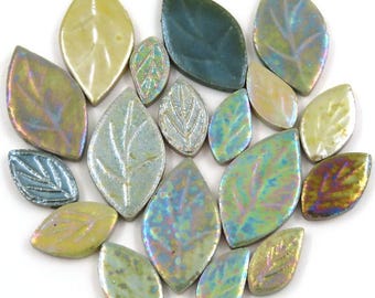 Iridescent Ceramic Leaves - Ficus - Mixed Sizes Ceramic Mosaic Tile Pieces - 25 tiles - Mosaic Supplies -  Mixed Media Art