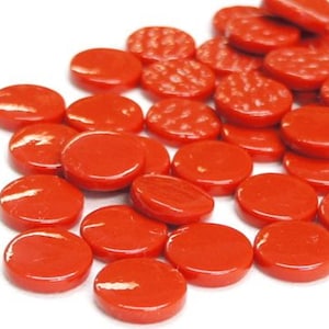 Poppy Red 18 mm Recycled Glossy Round Glass Mosaic Tile Pieces - 25 tiles - 4 mm thick - Mosaic Supplies - Mixed Media Art