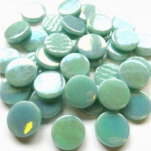Pearlized Pale Teal Blue Green 25 tiles 18 mm Recycled Glossy Round Glass Mosaic Tile Pieces - 4 mm thick - Mosaic Supplies -Mixed Media Art