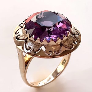 Vintage Alexandrite Soviet Cocktail Ring | 14k Solid Gold | Antique USSR Soviet Russian Ring | 1960s Style | Size 7.5