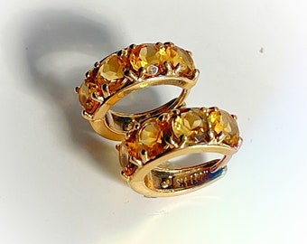 14k Chubby Citrine Huggies | Vintage Estate Jewelry | Yellow Gold | Hoop Earrings |  90s Y2k 00s Style |