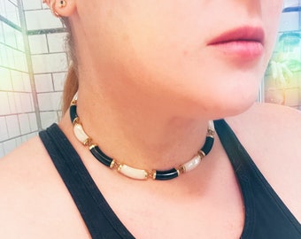 Chinese Choker Necklace | 10k Yellow Gold | Black Onyx |  Mother of Pearl | Hypebae style | Anniversary Gift for Girlfriend Wife | Yin Yang