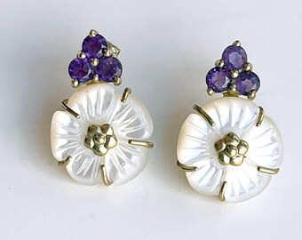 10k Carved Floral Studs | Mother of Pearl + Amethyst  | Vintage Estate Jewelry | Yellow Gold | 90s Y2k Style |