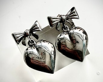 1990s Heart and Bow Earrings | 925 Solid Sterling Silver | Estate Jewelry | Puffy Heart |
