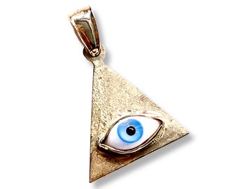 14k All Seeing Eye Pendant | Eye of Providence Charm | Evil Eye Amulet | Estate Jewlery | Ancient Pyramid | Illumanti | Prosthetic Blue Eye