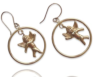 14k Angel Earrings  | Vintage Estate Jewelry | Yellow Gold | Cherub Hoop Earrings | 1980s -1990s  |