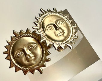 90s Sunshine Earrings | 14k Gold Happy Face Suns | Omega Backs | Vintage Estate Jewelry | 1980s 19990s Style | Celestrial Jewelry