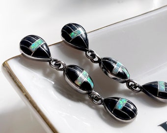 Opal Onyx Inlay Earrings | 925 Solid Sterling Silver | Estate Jewelry | Zuni Native American Mosaic Inlay Drop Earrings