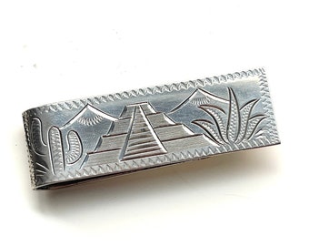 1970s Sterling Silver Mexican Money Clip | Chichen Itza Mayan | Hand Engraved | 925 | Agave Cactus | Gift for Boyfriend Husband Brother Son