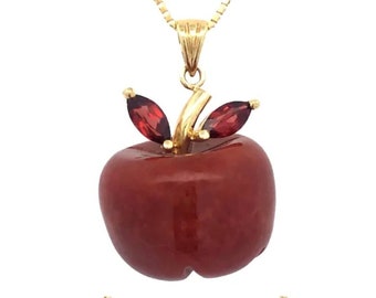 RARE 14k Red Jade Apple Pendan | 14k Yellow Gold Charm |  Marquise Garnet Leaves  | 1980s-1990s Estate Jewelry | Carnelian | Teacher Gift