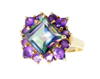 Mystic Topaz Amethyst Halo Ring | 10k Yellow Gold | Vintage Fine Jewelry | RARE FIND | Estate Ring | Engagement Ring | Solid Gold | Size 7