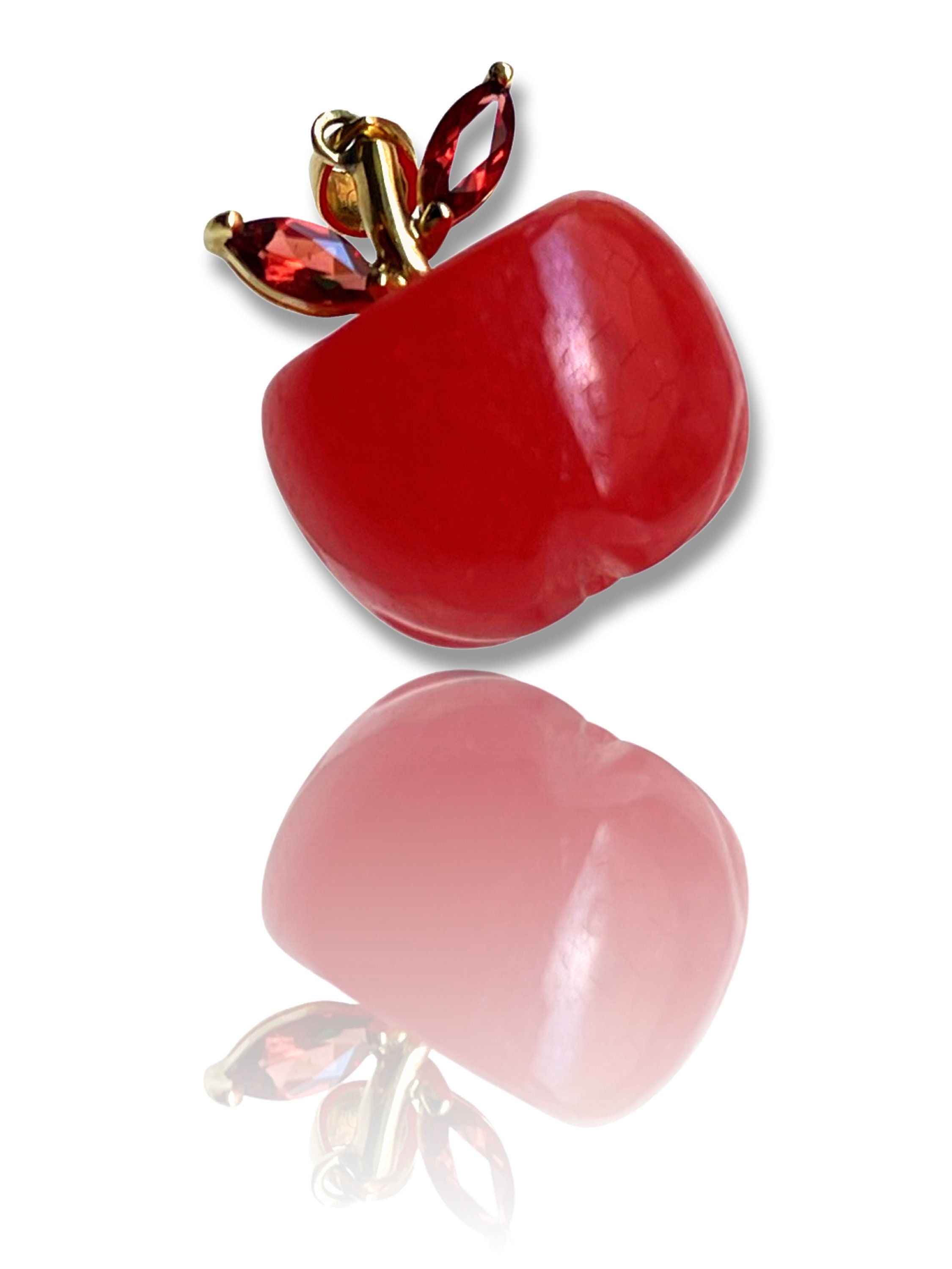 RARE 14k Red Jade Apple Pendan | 14k Yellow Gold Charm |  Marquise Garnet Leaves  | 1980s-1990s Estate Jewelry | Carnelian | Teacher Gift